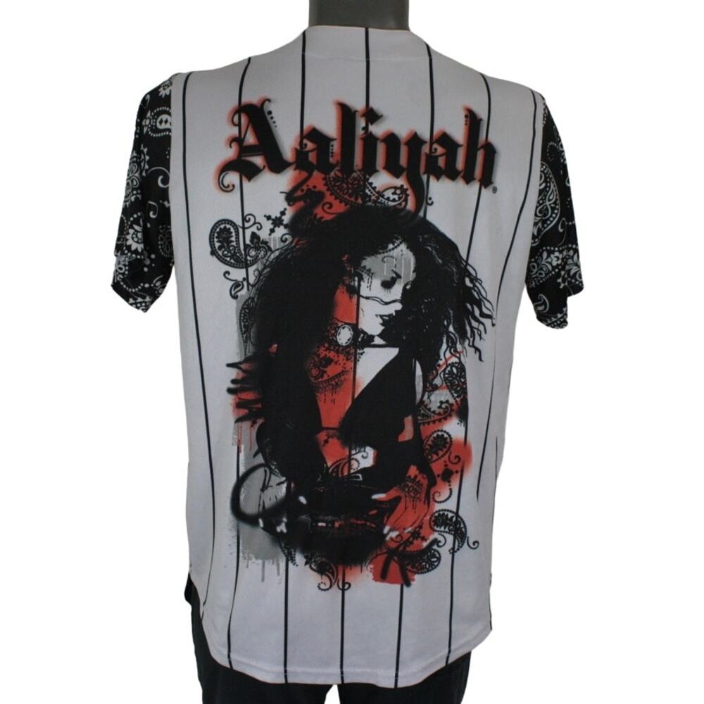 Aaliyah Baseball Jersey Shirt Mens Small White Double Sided Graphic Button Up